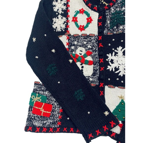 Vintage Parisian Works Christmas Cardigan Sweater Embellished Trees Snowman Sz S - Picture 9 of 15